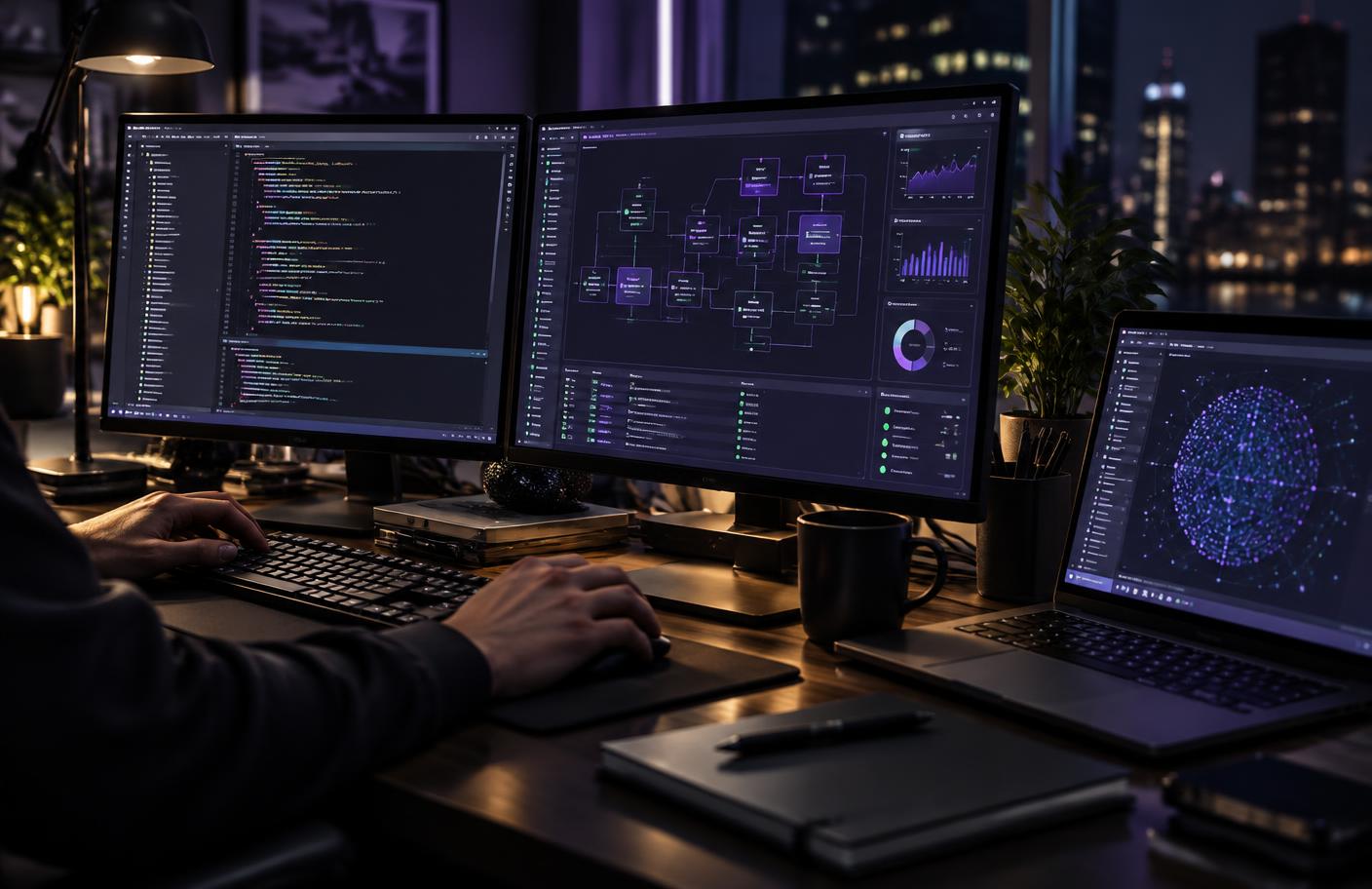 Engineering workstation showing code and software architecture diagrams